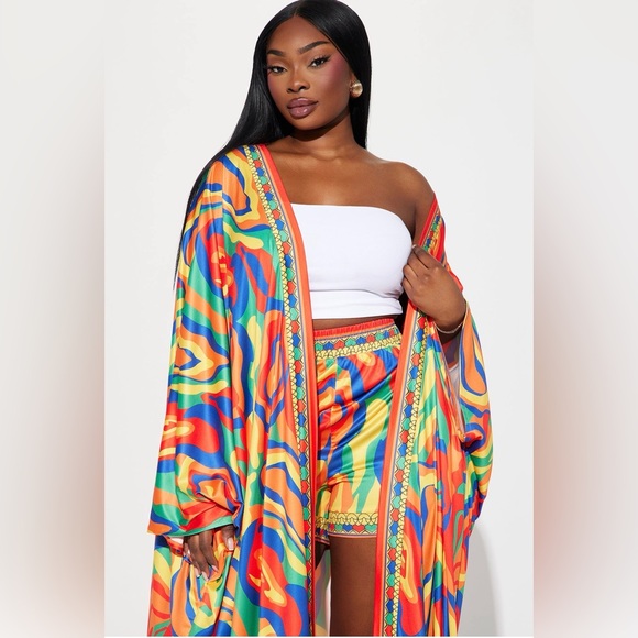 Fashion Nova Pants - Vibrant Multicolor Satin Kimono Set
